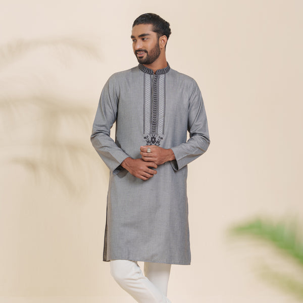 Mens Embroidery Panjabi- Ash