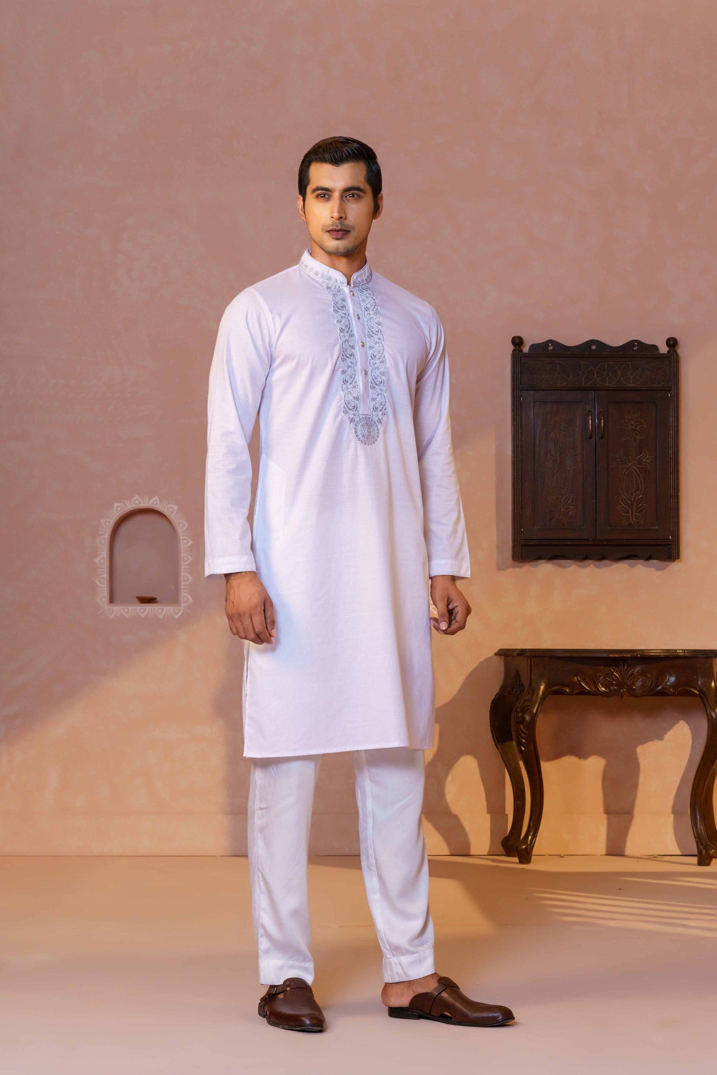 Mens Embroidery Panjabi-White