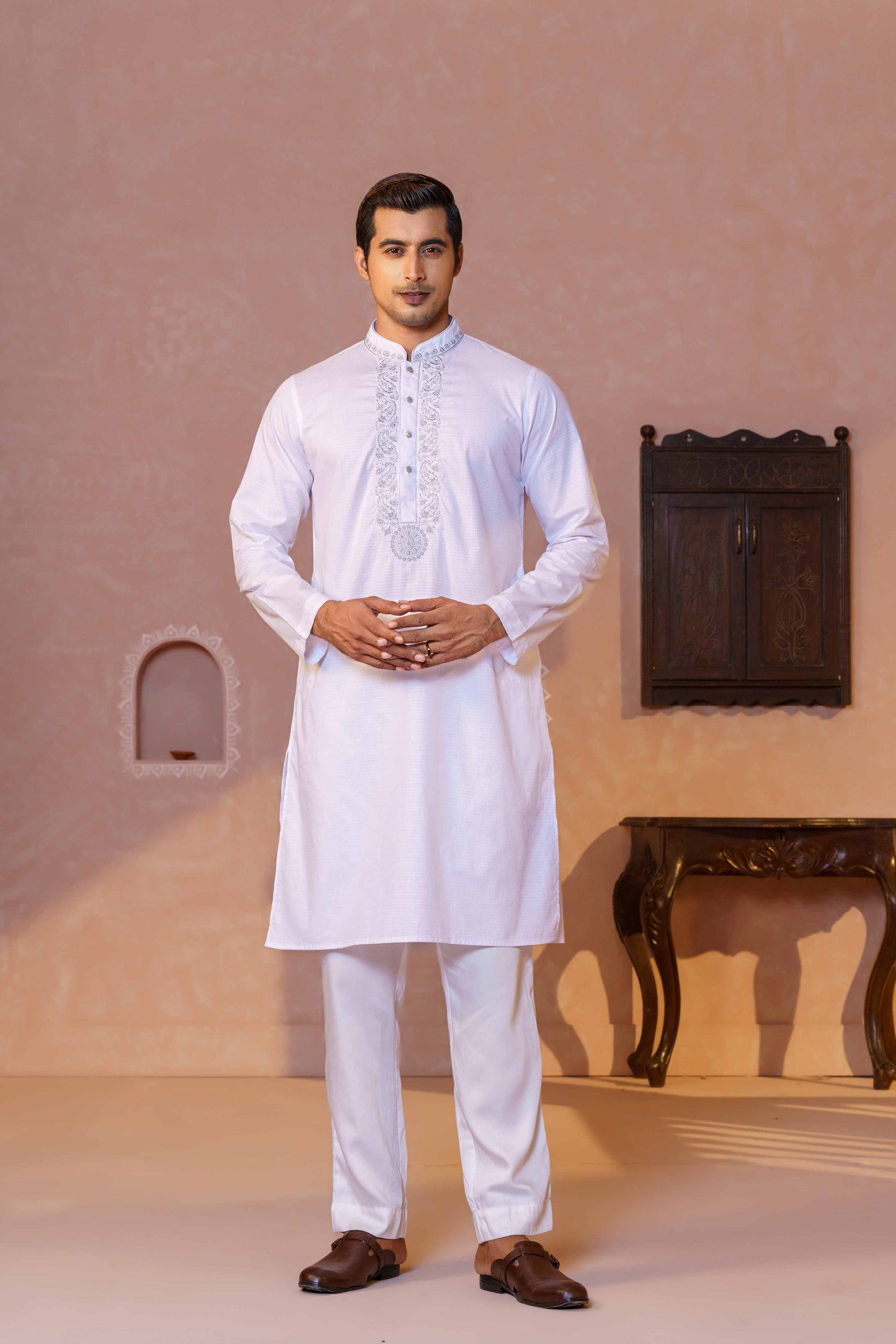 Mens Embroidery Panjabi-White