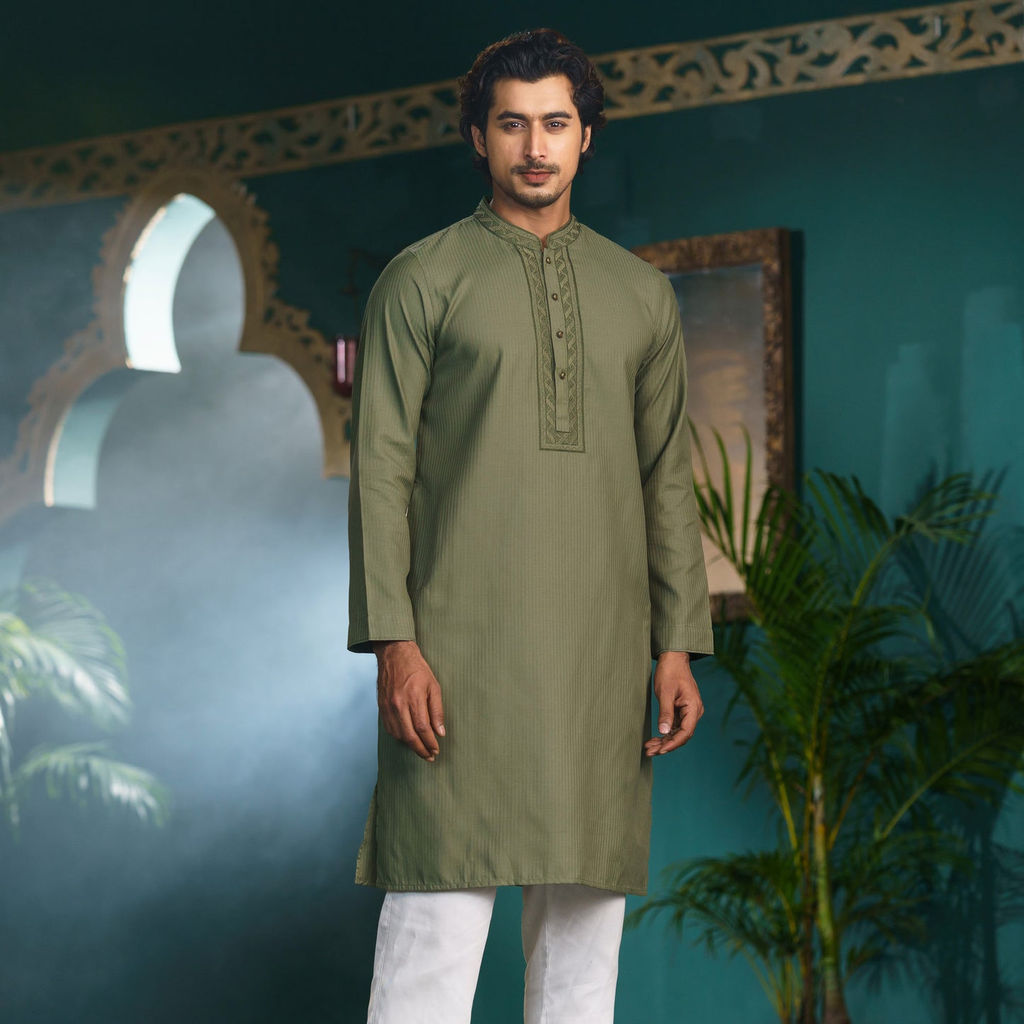 Men's Green Embroidered Panjabi