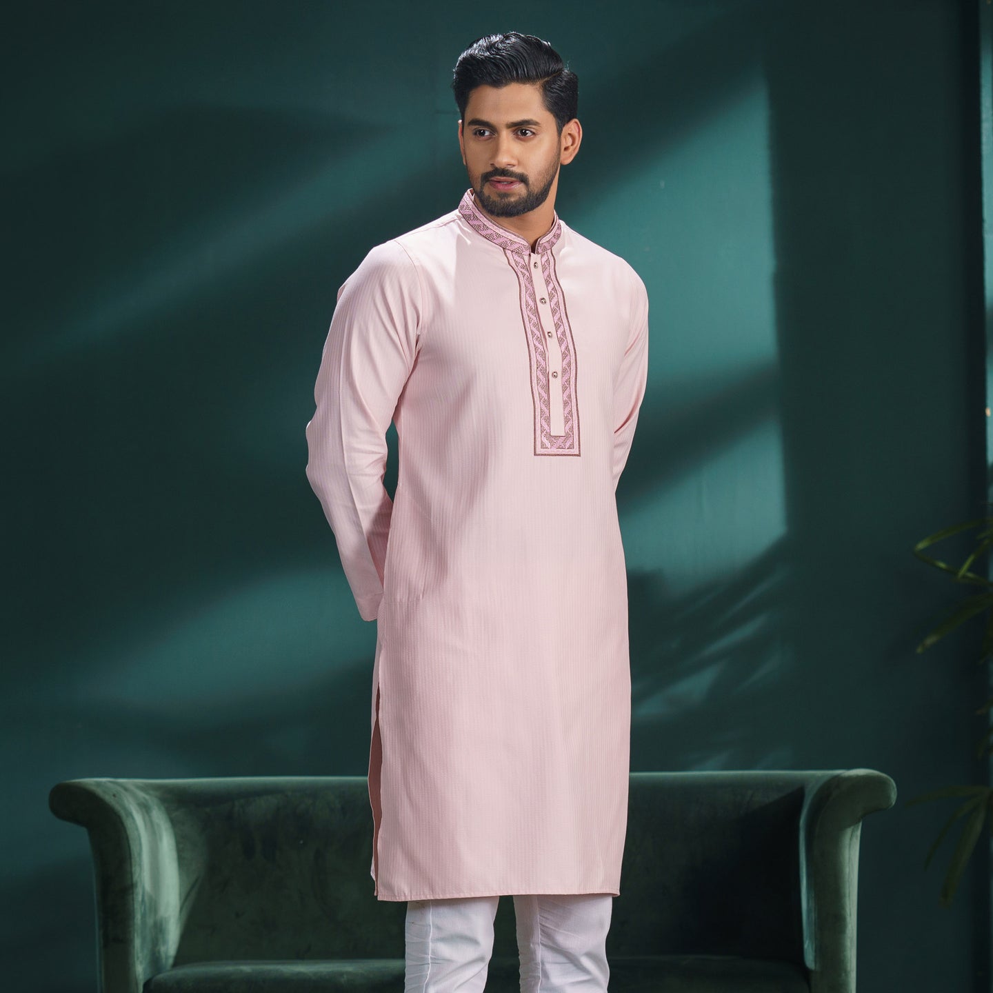 Men's Pink Embroidered Panjabi