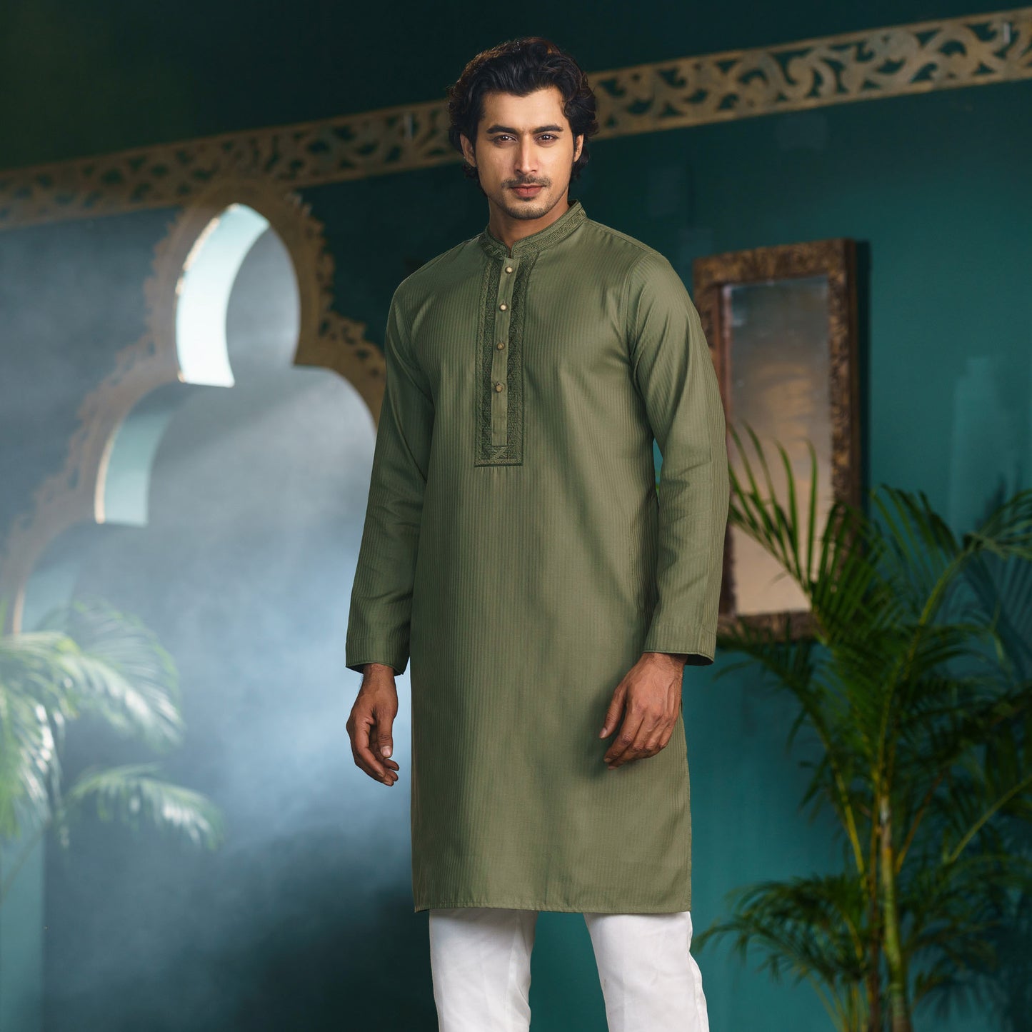 Men's Green Embroidered Panjabi