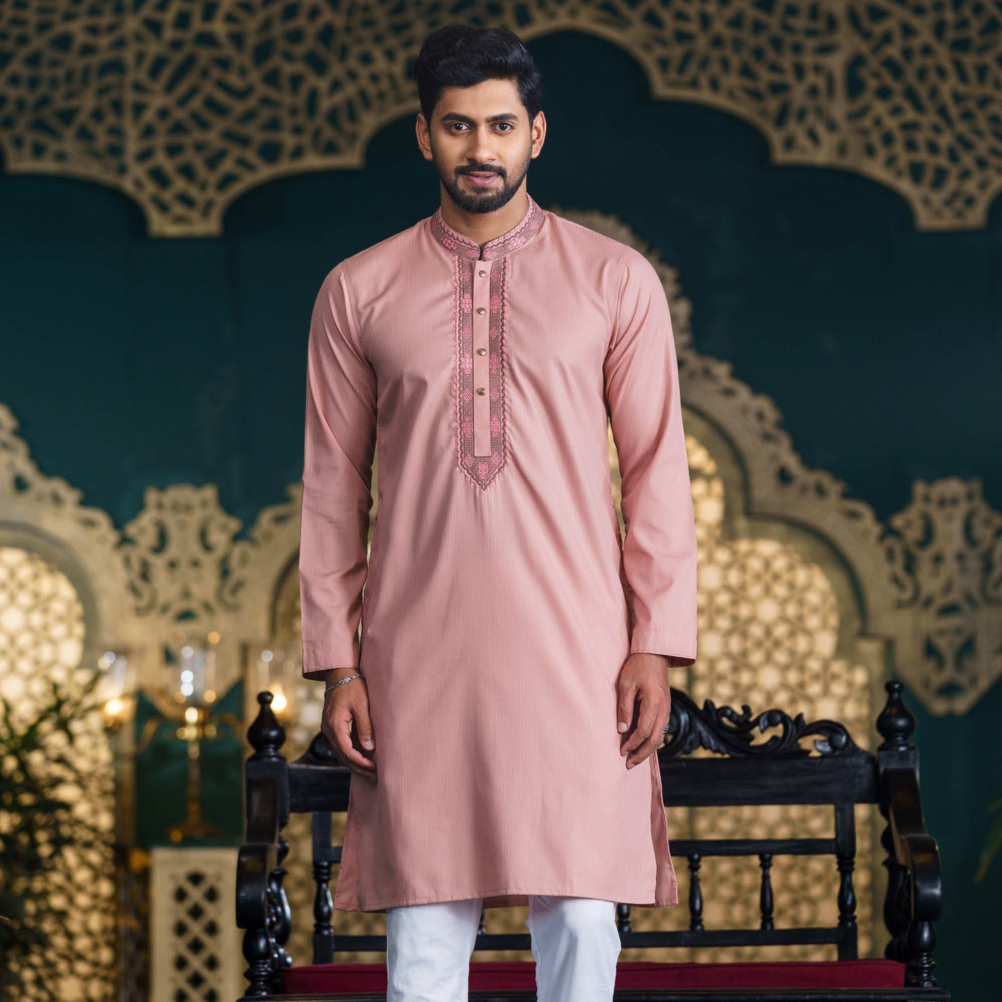 Men's Pink Embroidered Panjabi