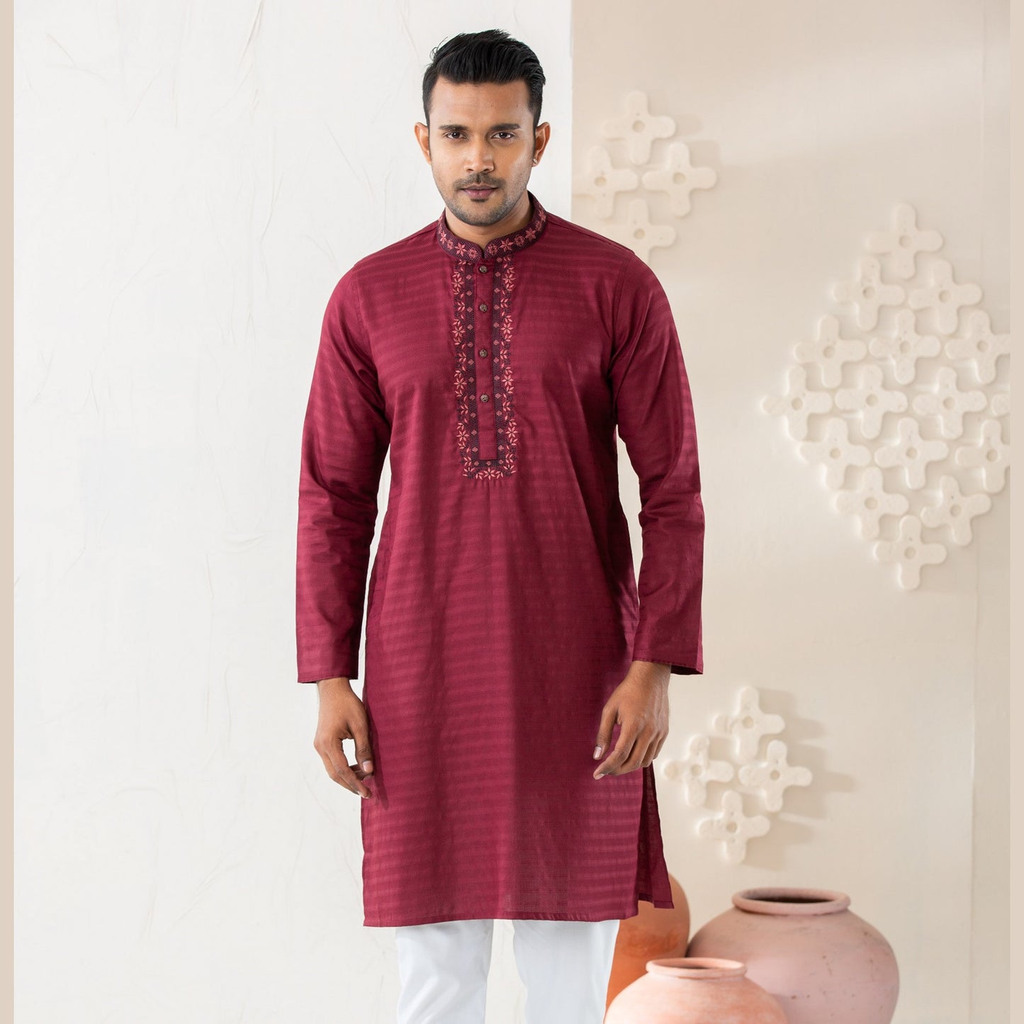 Mens Burgundy Embroidered Panjabi