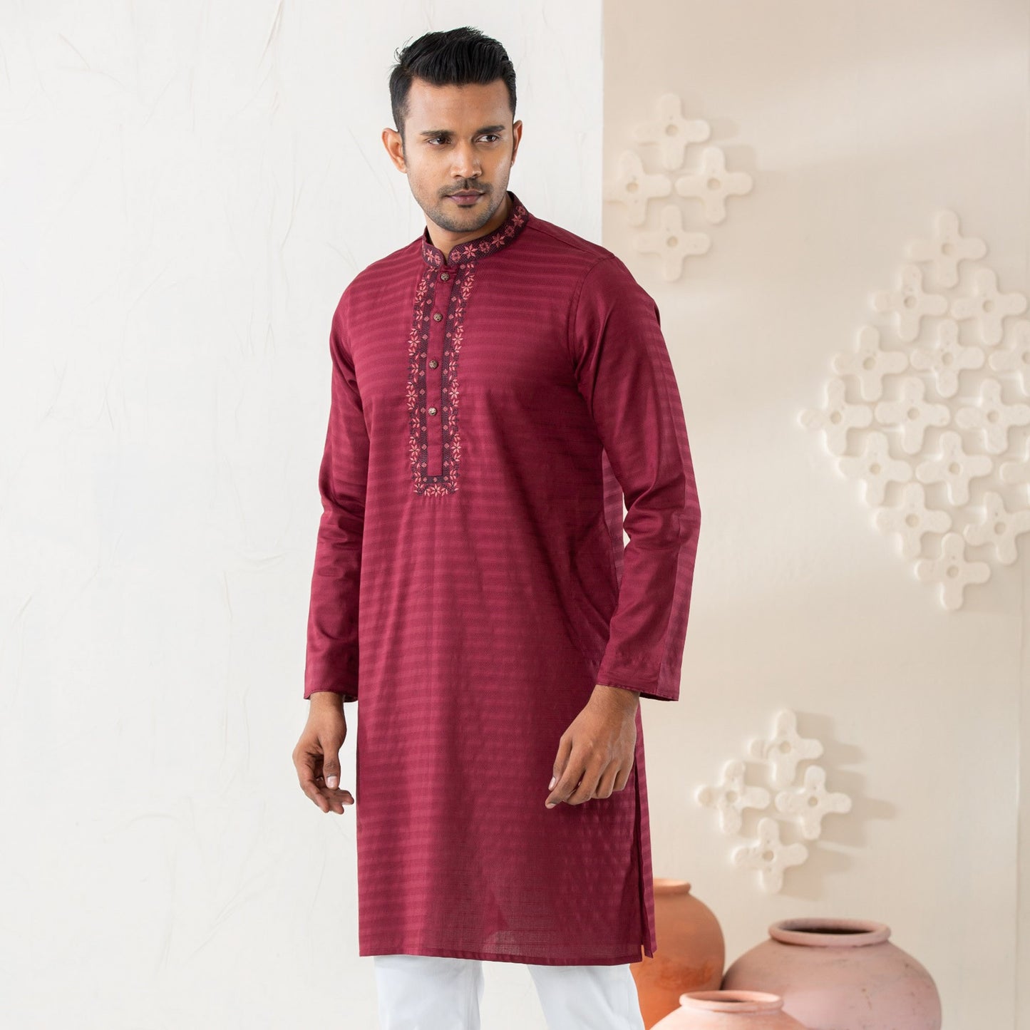 Mens Burgundy Embroidered Panjabi