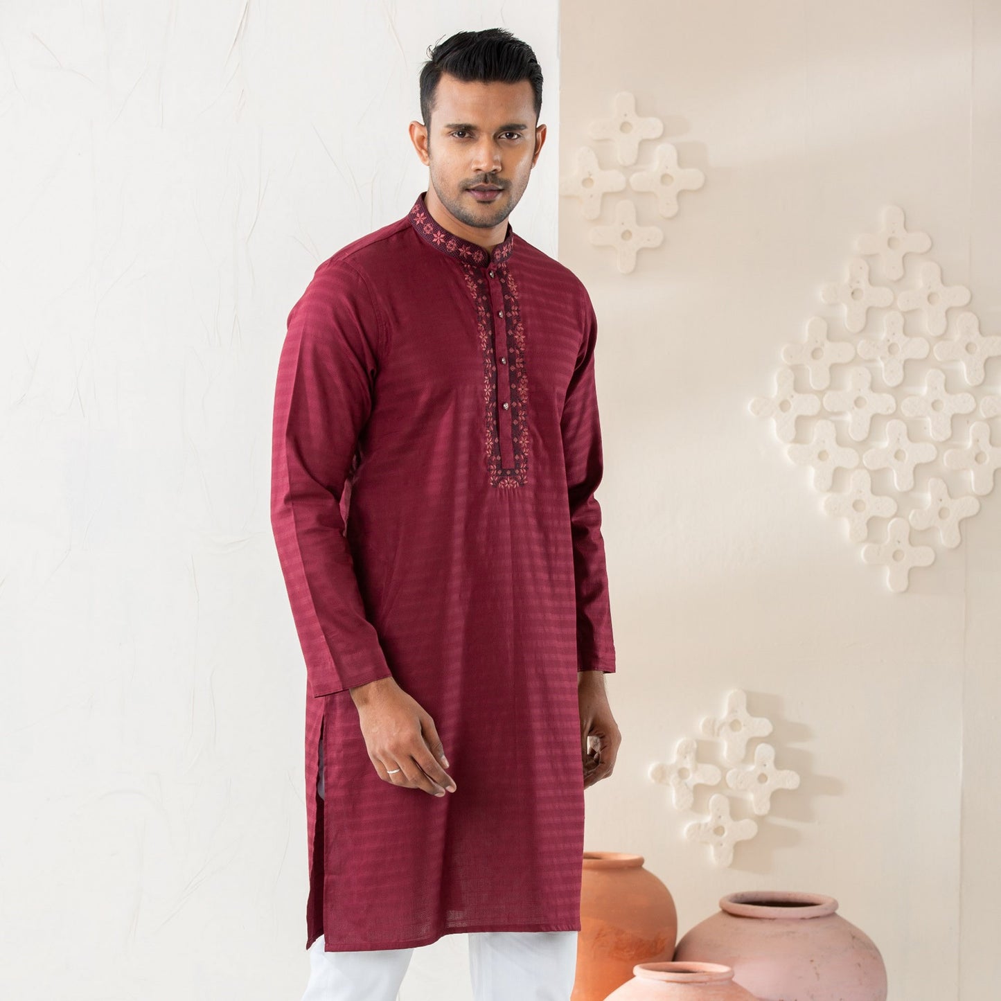 Mens Burgundy Embroidered Panjabi