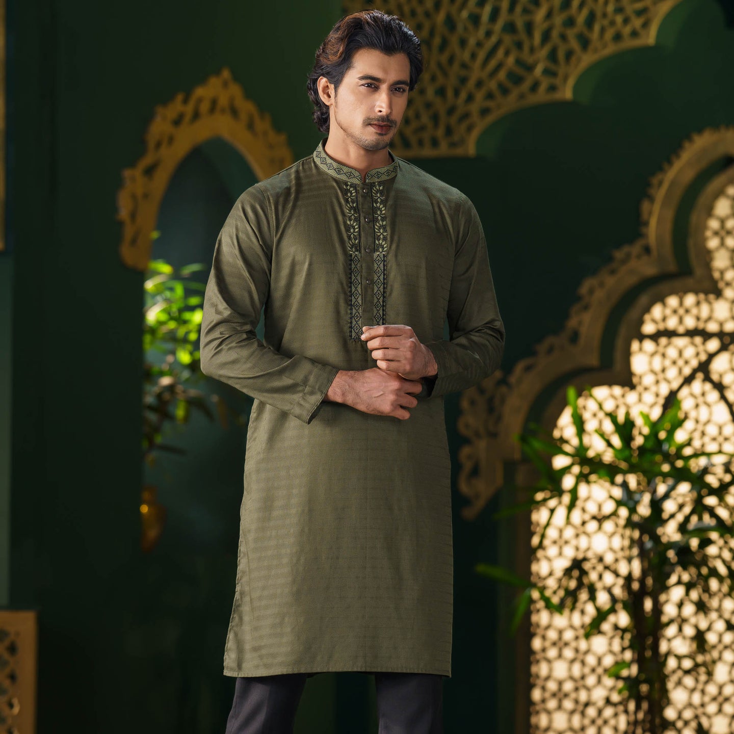 Men's Olive Green Embroidered Panjabi