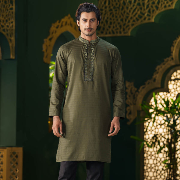 MENS EMBROIDERY PANJABI-OLIVE GREEN