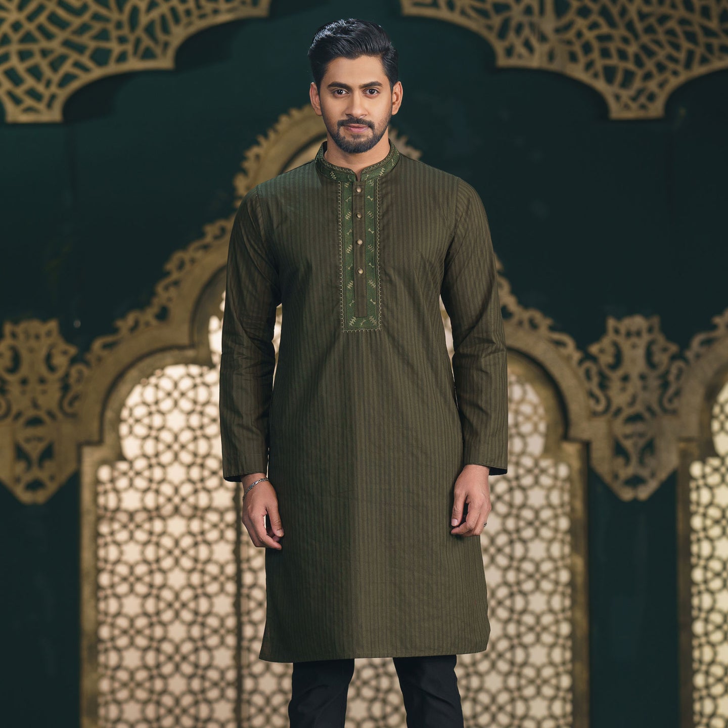 Men's Olive Embroidered Panjabi