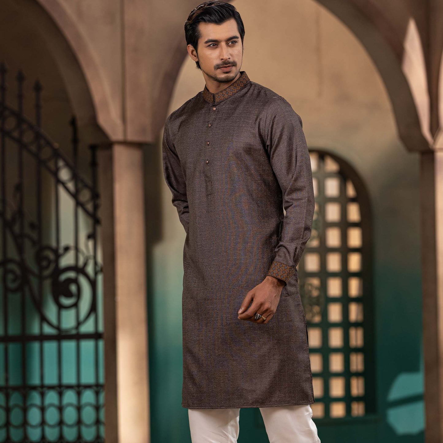 MENS PREMIUM PANJABI-COFFEE CHECK