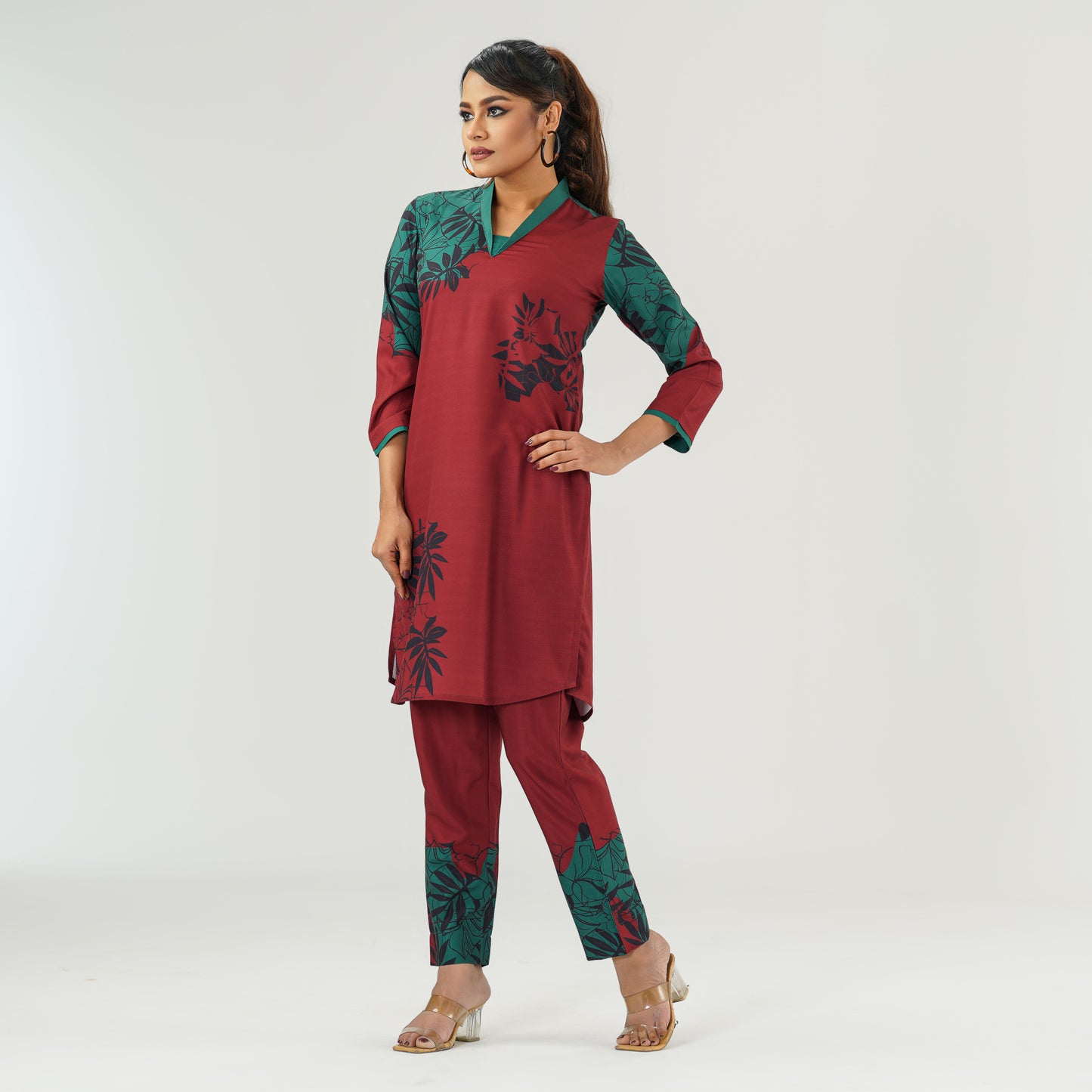 Womens  Maroon Printed Co-Ord Set