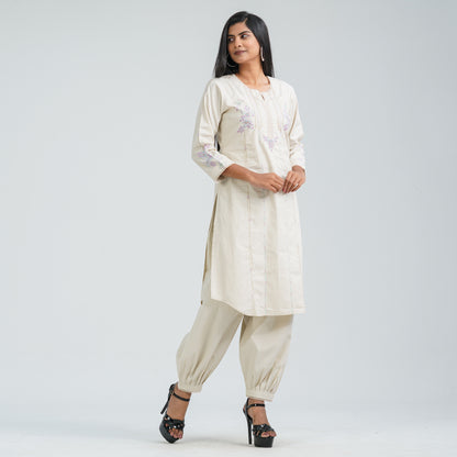 Women’s Cream Cotton Embroidered Two Piece Set