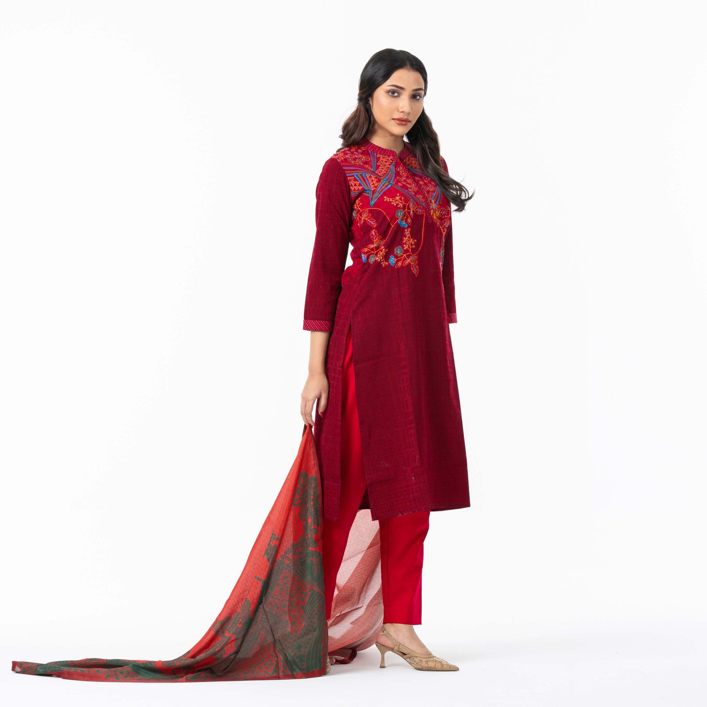 Womens Maroon Embroidered Silk Set