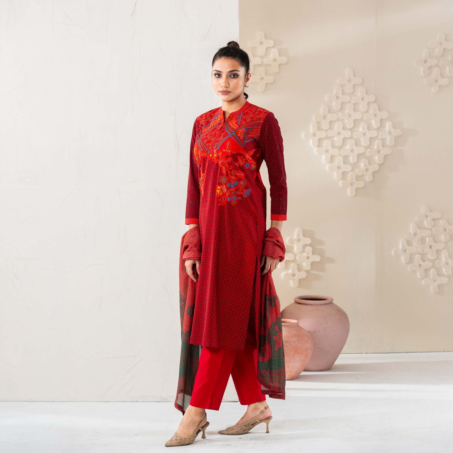 Womens Red Ethnic 3Pcs Set