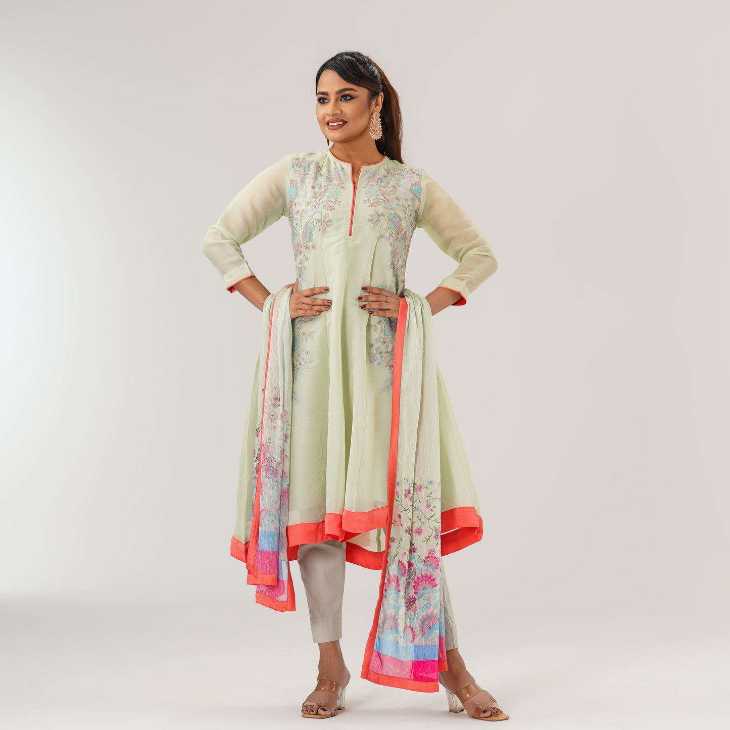 Womens Mint Anarkali 3-Piece Set