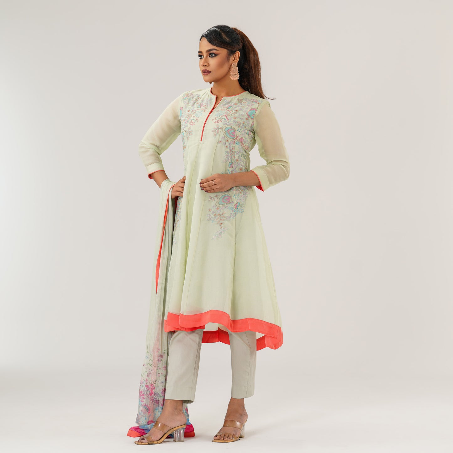 Womens Mint Anarkali 3-Piece Set