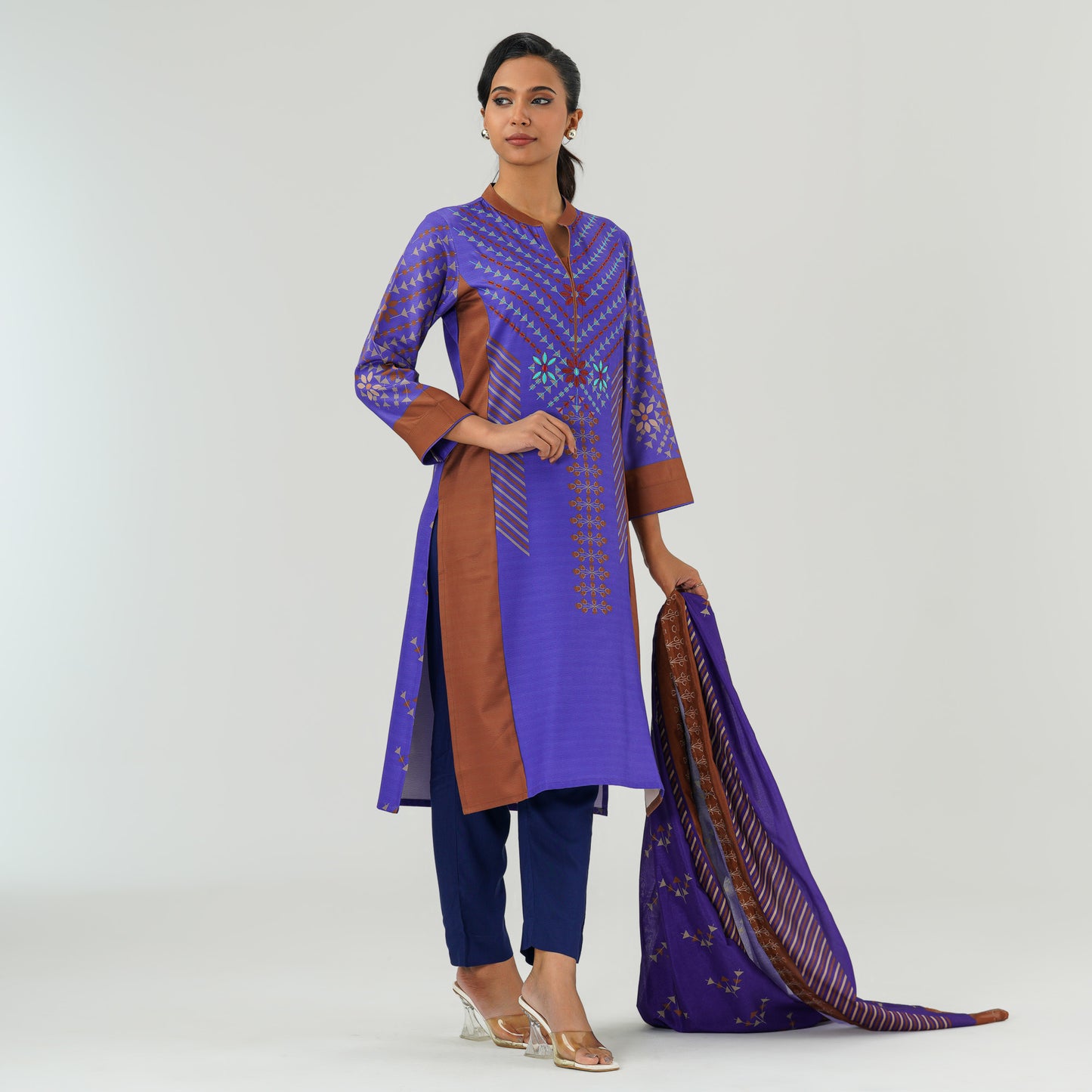 Womens Blue Embroidered Three Pieces Set