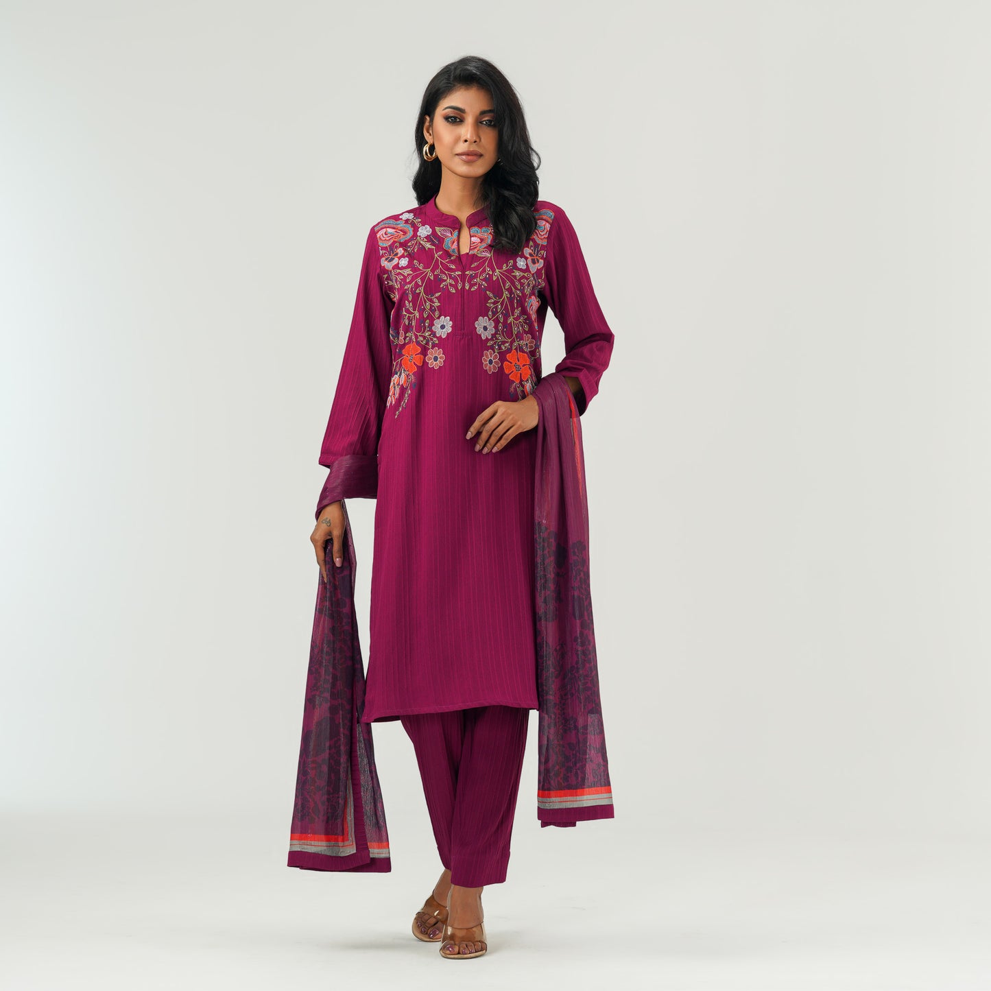 Womens Magenta Ethnic Three Piece Set