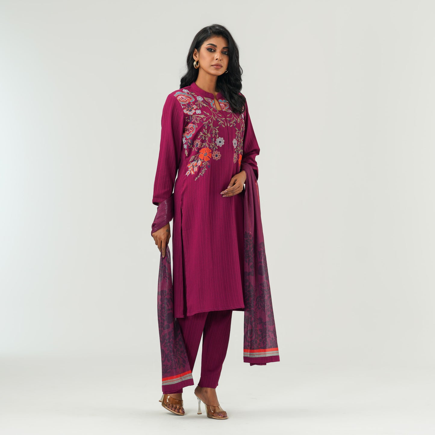 Womens Magenta Ethnic Three Piece Set