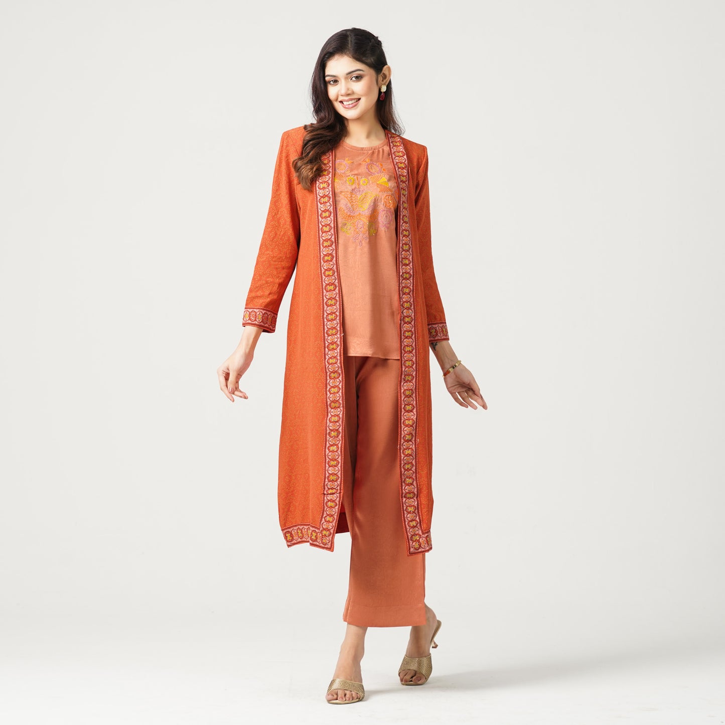 Women’s Orange Crinkle Cotton Three Piece Set