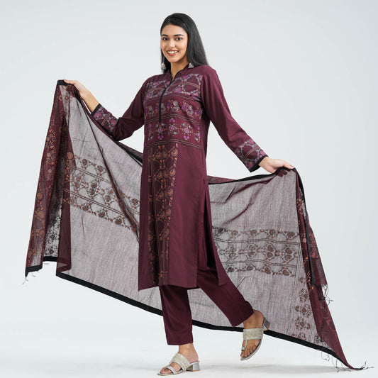 Women's Maroon Viscose Three Piece Set