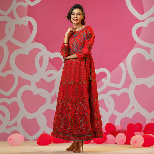 Womens Red Embroidered Silk Gown