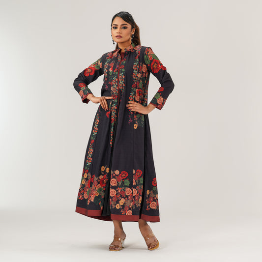 Womens Black Ethnic Sherwani-Cut Gown