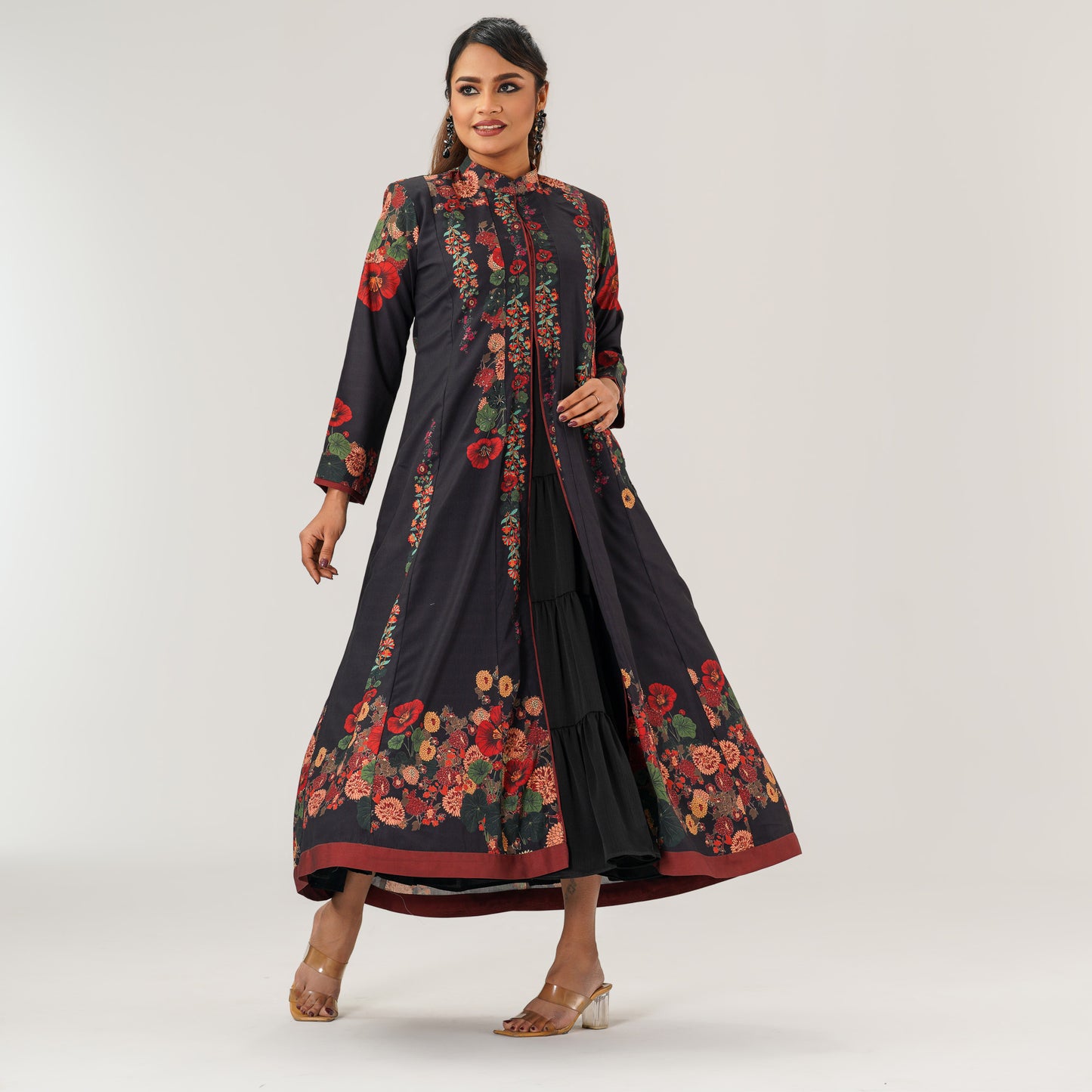 Womens Black Ethnic Sherwani-Cut Gown