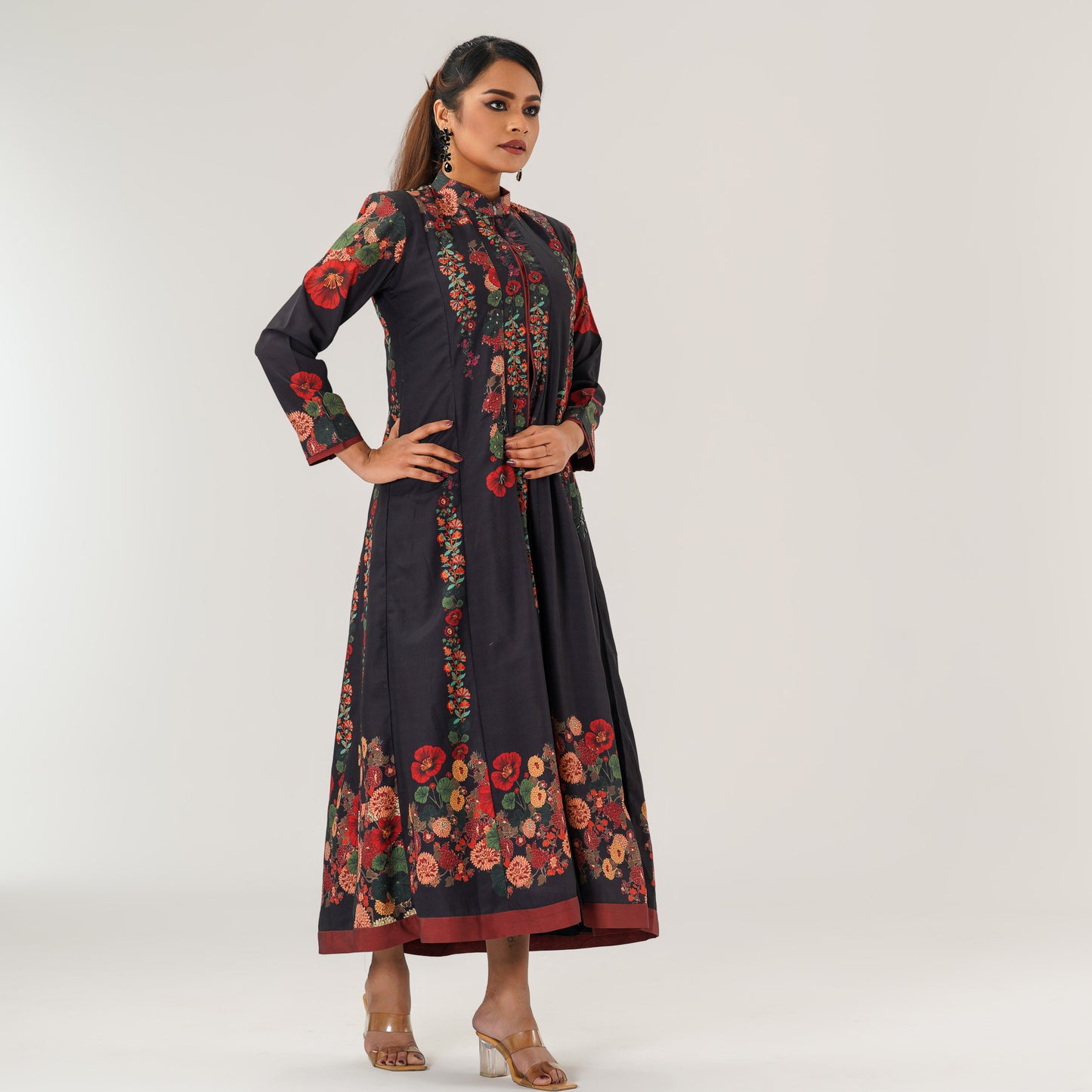 Womens Black Ethnic Sherwani-Cut Gown