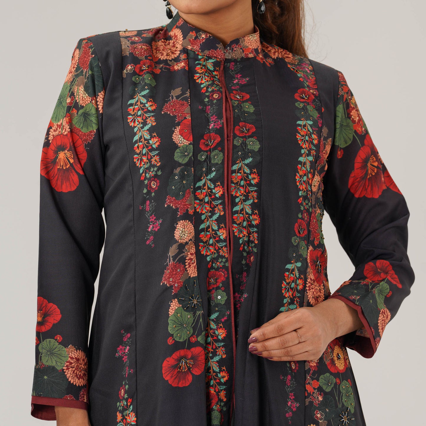 Womens Black Ethnic Sherwani-Cut Gown