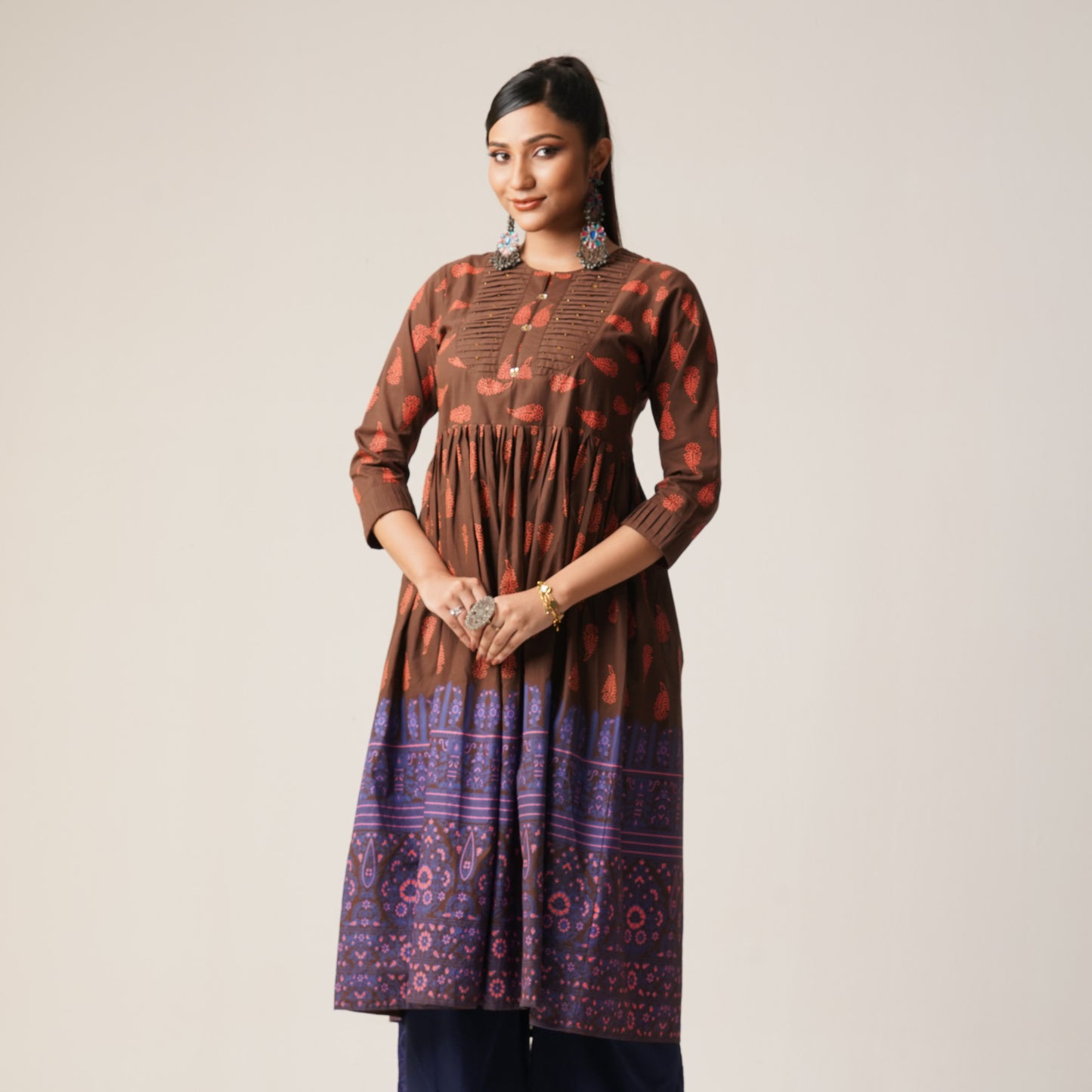 Womens Ethnic Average Kurti-Brown