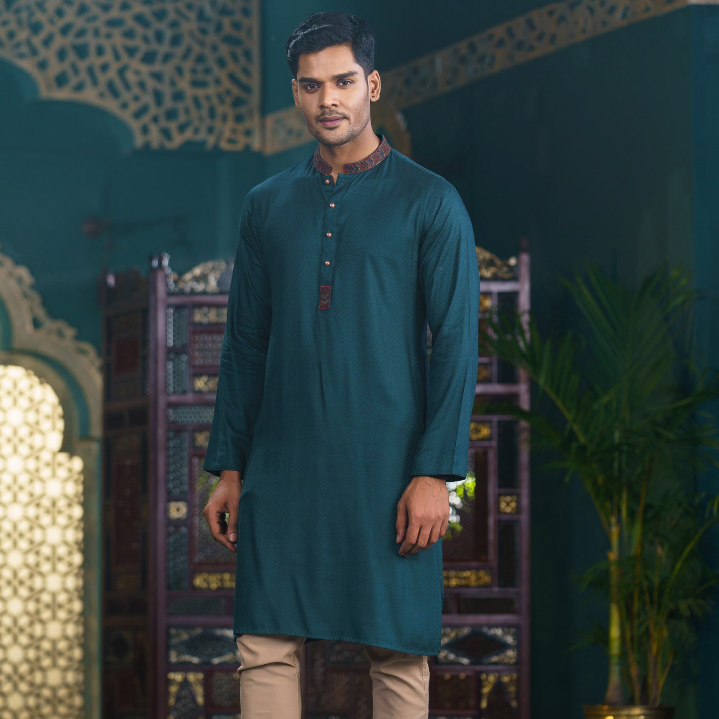 Mens Bottle Green  Embroidery Panjabi