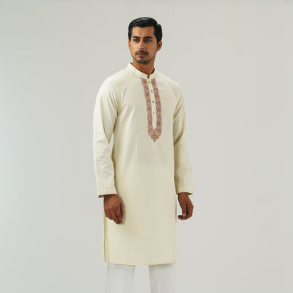 Mens Off White Embroidered Panjabi