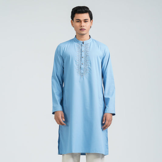 Men's Sky Blue Embroidered Suiting Panjabi