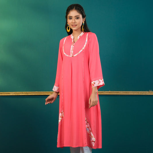 Women Pink Silk Printed Kurti