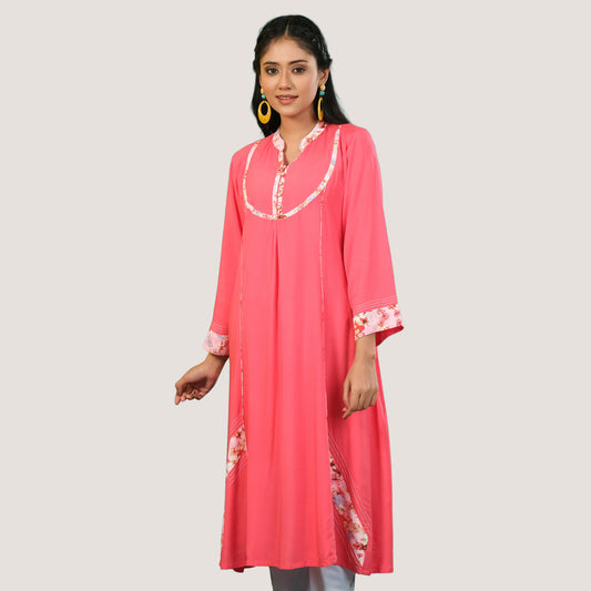 Women Pink Silk Printed Kurti