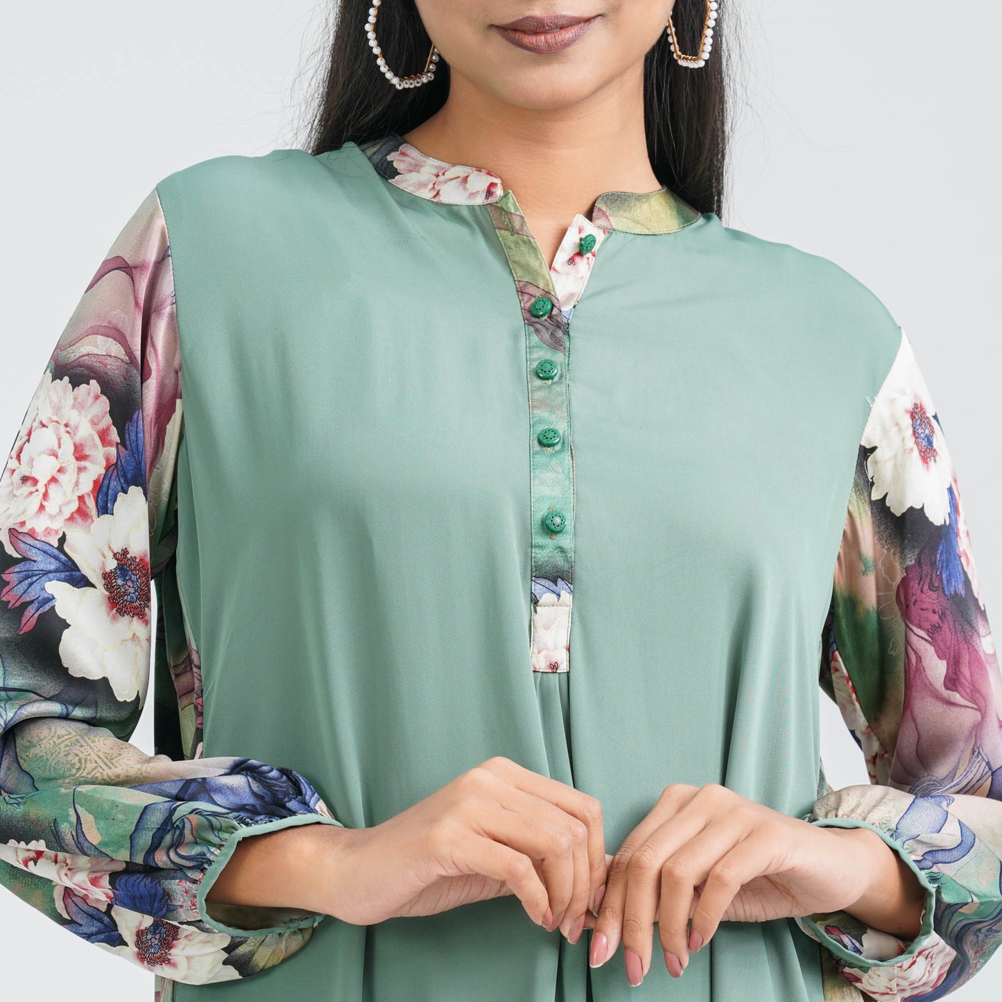 Women's Green Floral Blended Kurti
