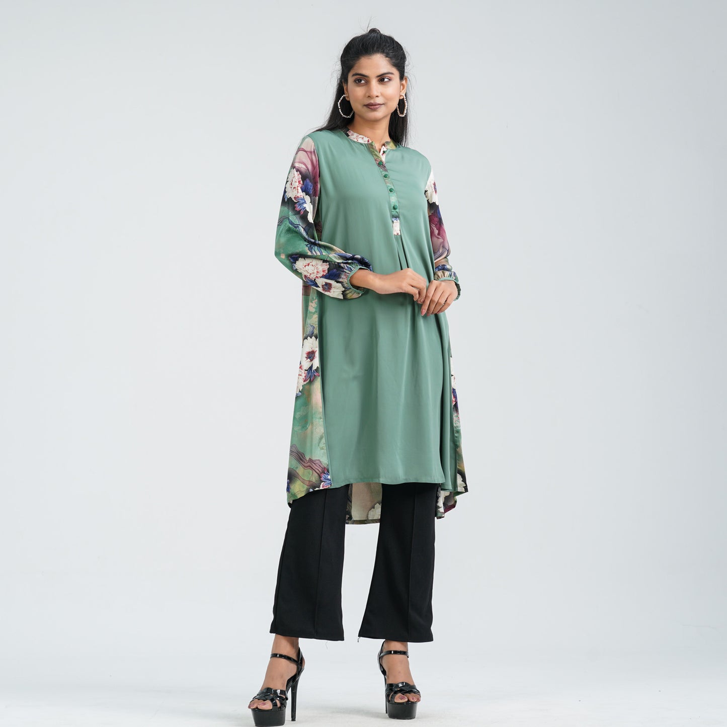 Women's Green Floral Blended Kurti