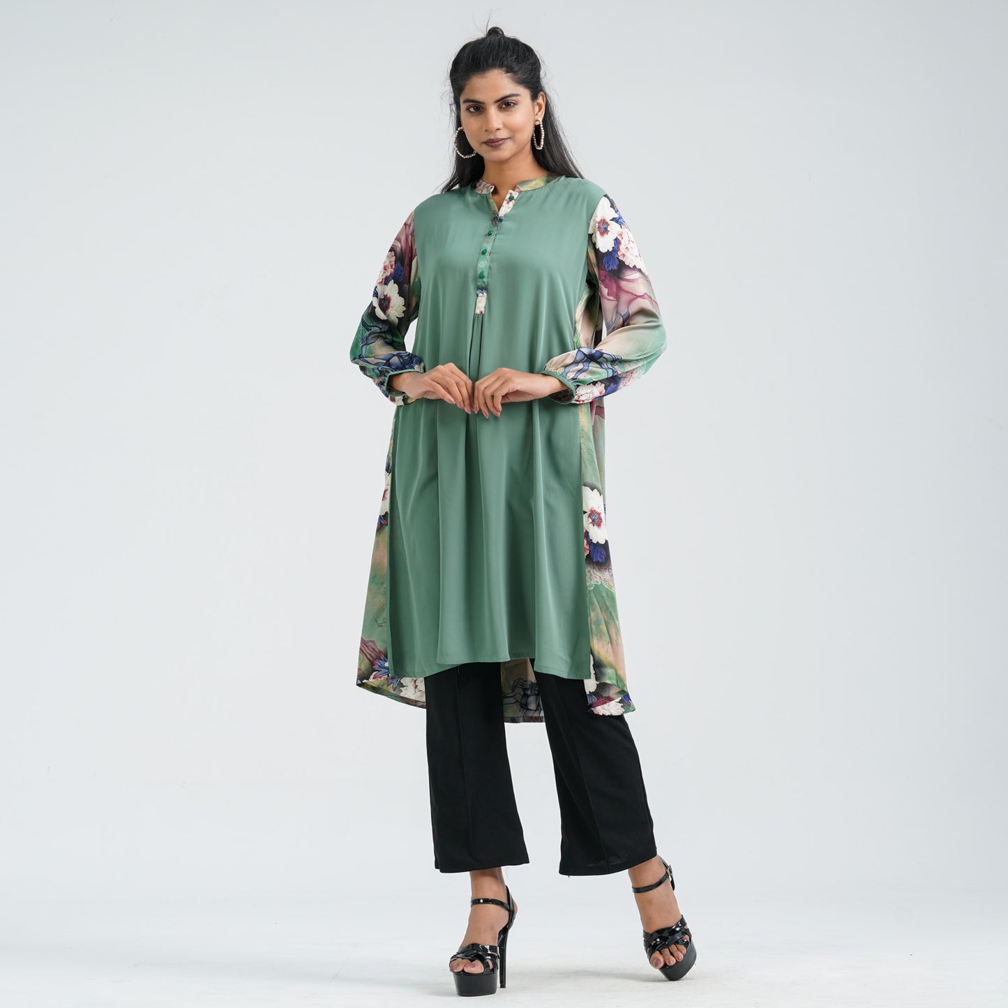 Women's Green Floral Blended Kurti