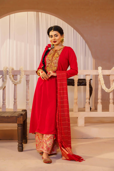 Womens Red Ethnic 3-Piece Set