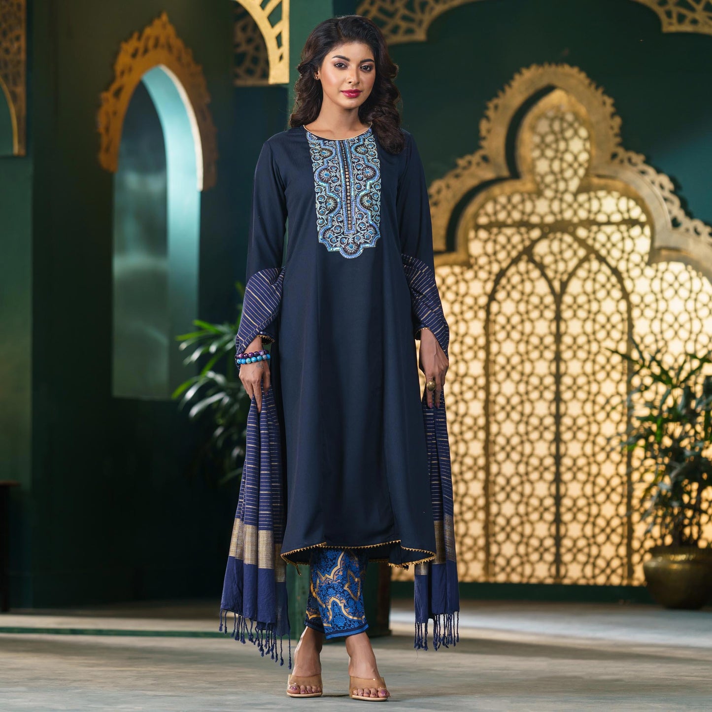 Womens Navy Ethnic Set