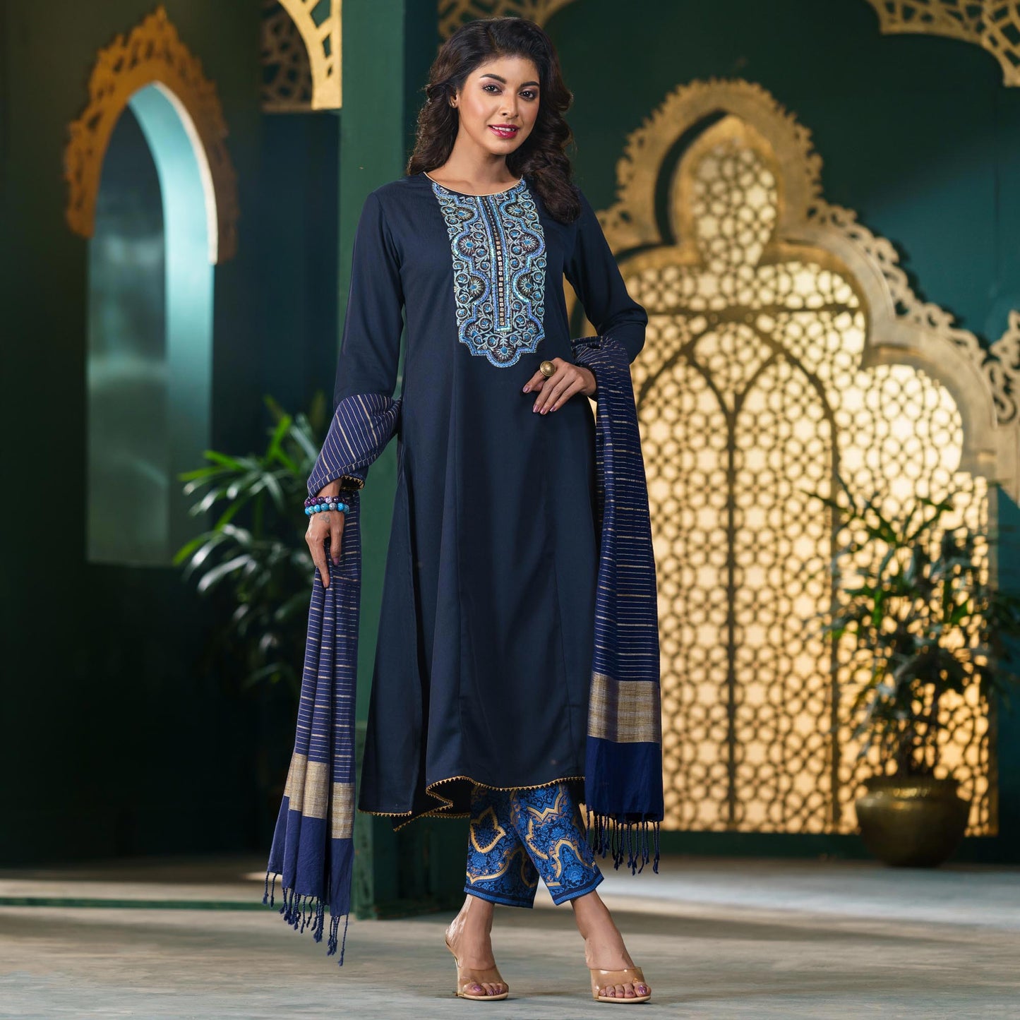 Womens Navy Ethnic Set