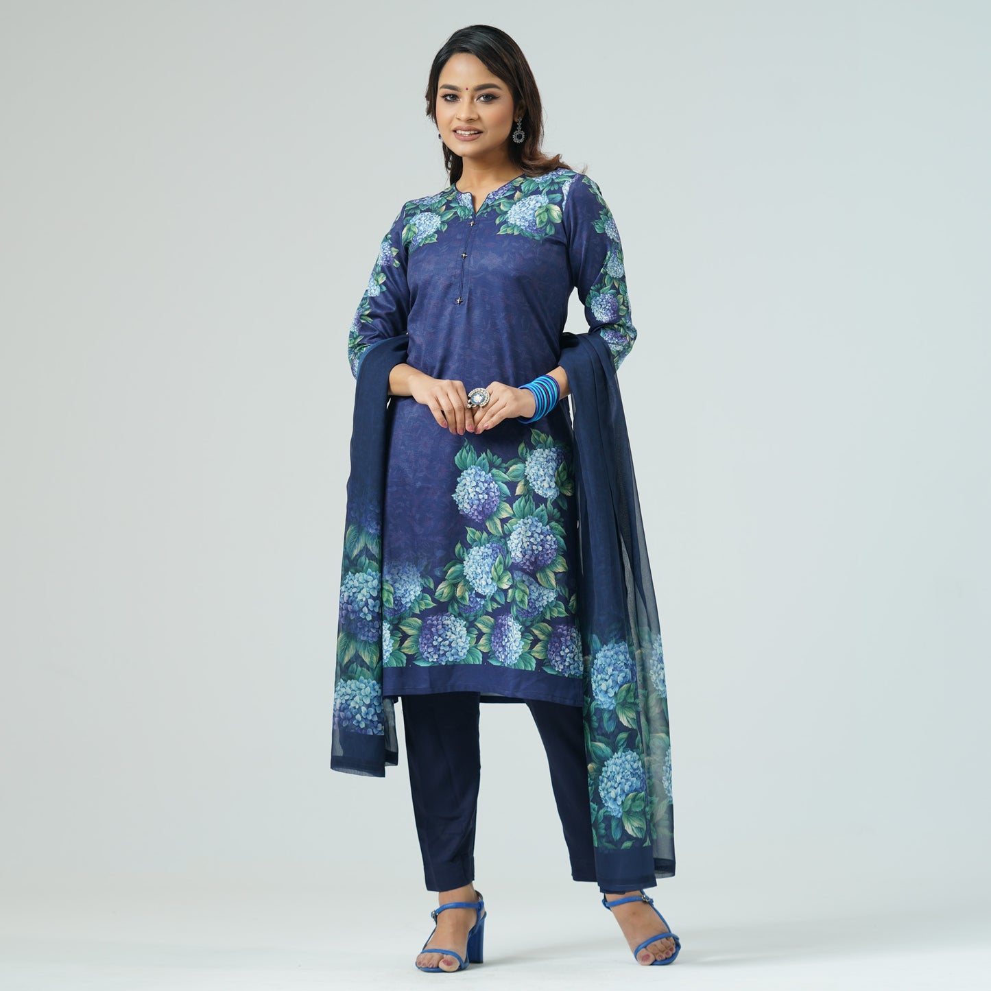 Womens Blue Printed Three Piece Set