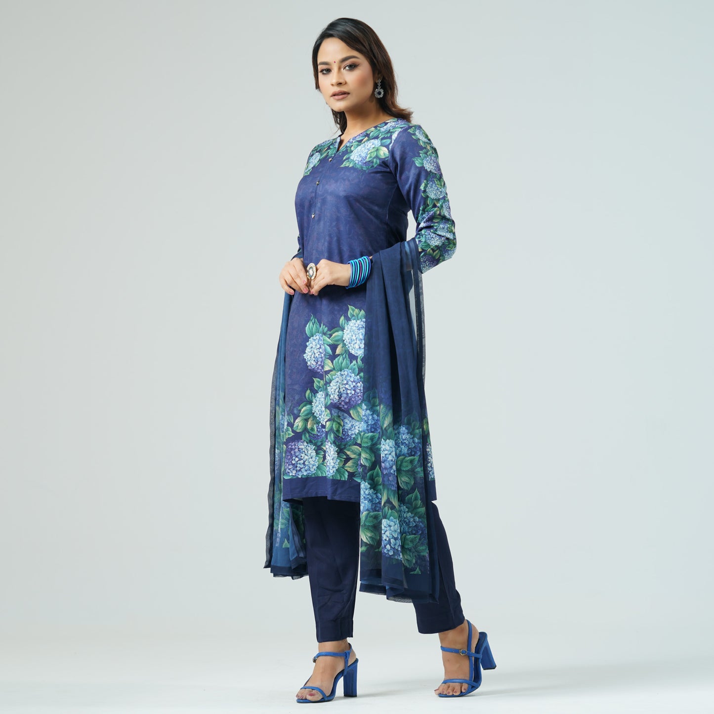 Womens Blue Printed Three Piece Set