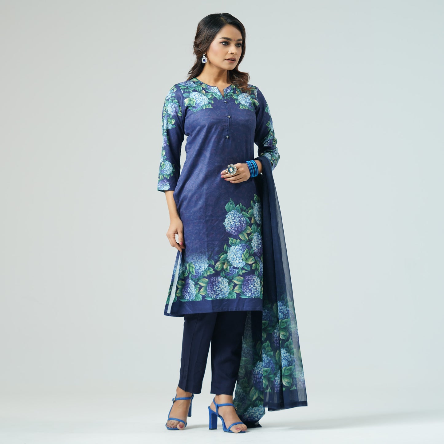 Womens Blue Printed Three Piece Set