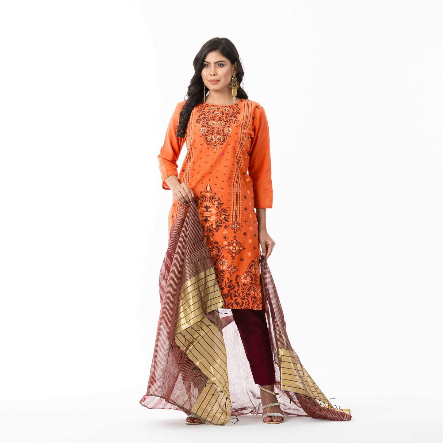 Womens Embroidered Orange Three Piece Set