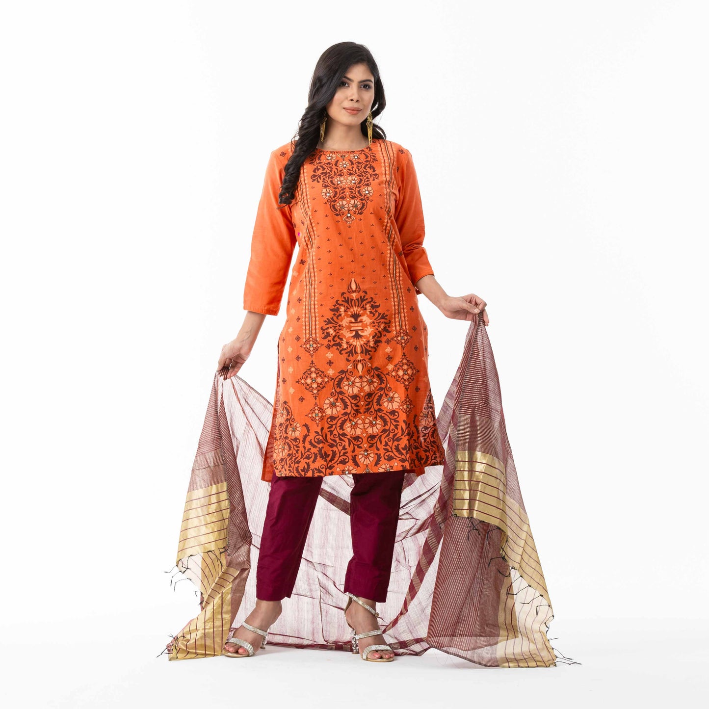 Womens Embroidered Orange Three Piece Set