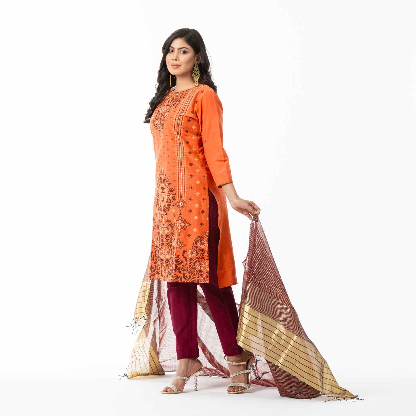 Womens Embroidered Orange Three Piece Set