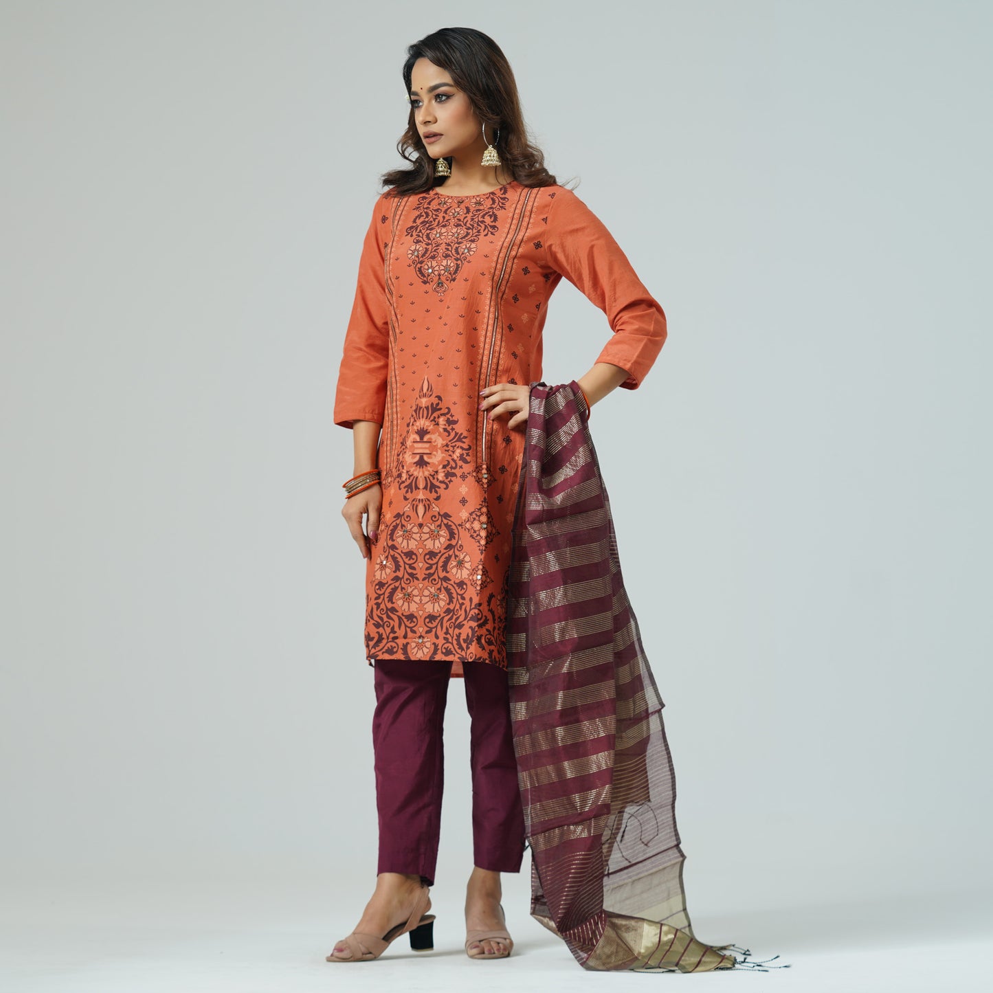 Womens Embroidered Orange Three Piece Set