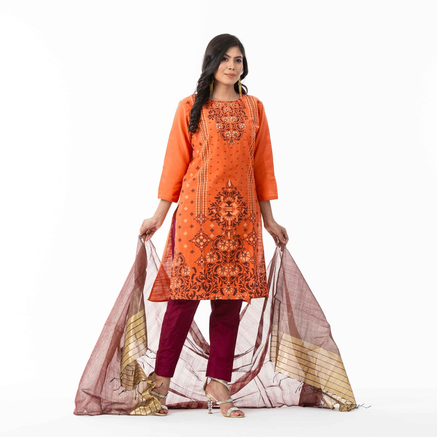 Womens Embroidered Orange Three Piece Set